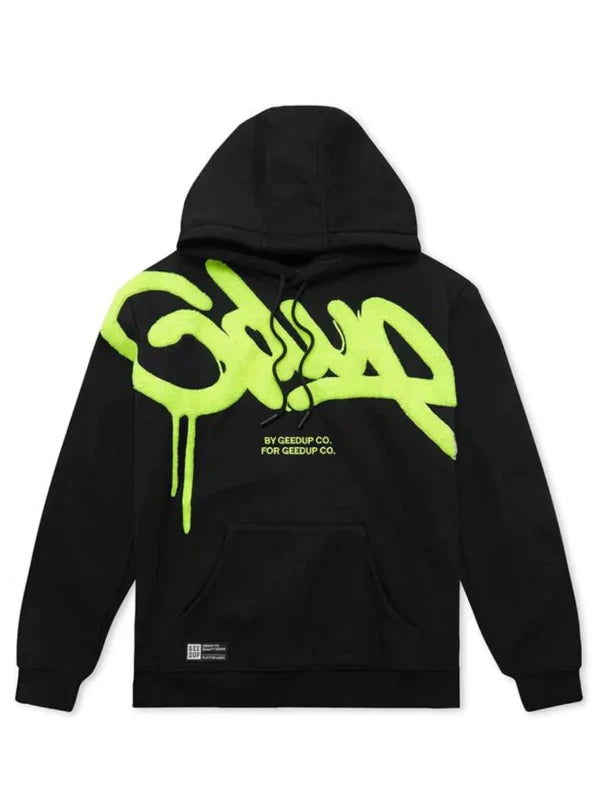Black hoodie with bright green text on the back against a white background