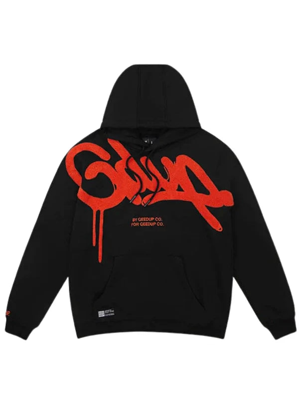 Black hoodie with red logo on a white background