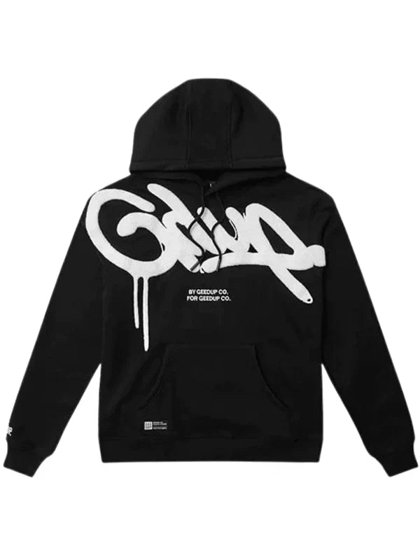 Black hoodie with white graffiti-style text on the back, on a white background