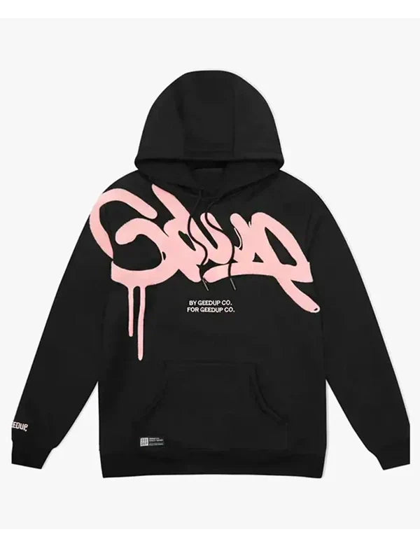 Black hoodie with pink and white text on a white background