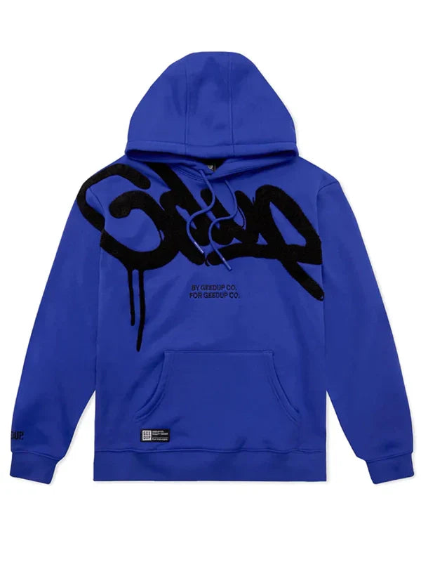 Blue hoodie with black text on the back against a white background