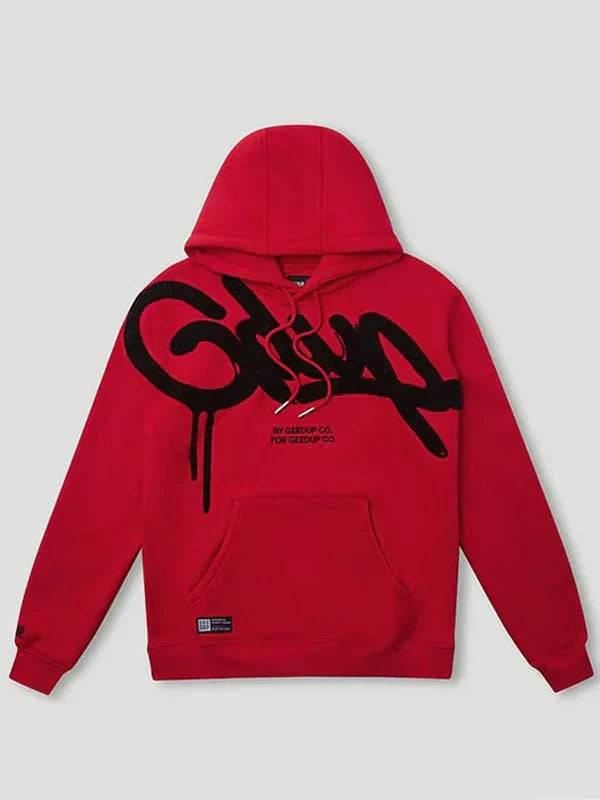 Red hoodie with black logo on a light gray background