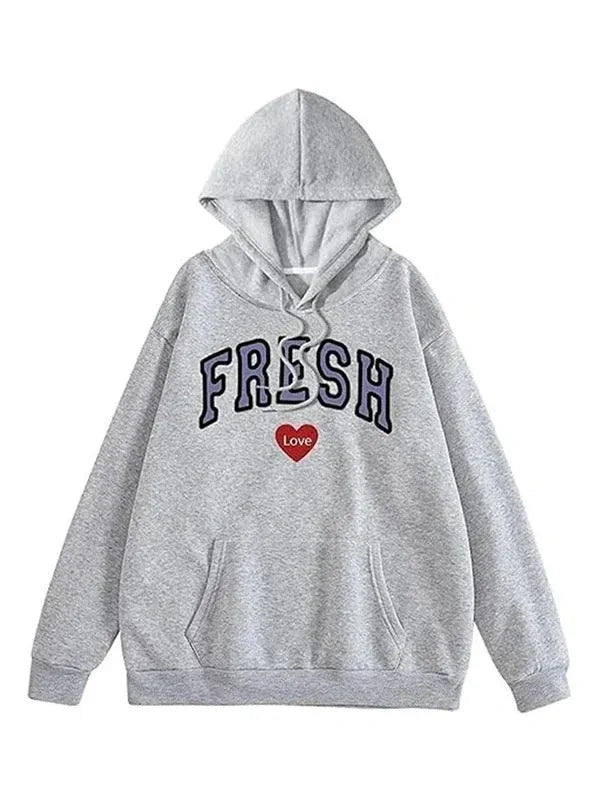 Gray hoodie with 'FRESH' text and a red heart on a white background
