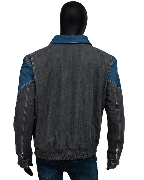 Gray jacket with blue accents on a mannequin against a white background