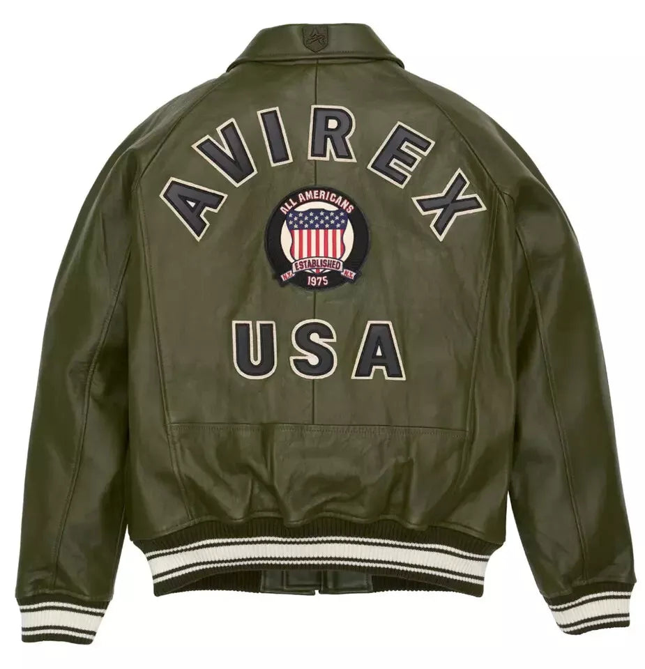 Green Avirex jacket with 'Avirex USA' text and logo on a white background