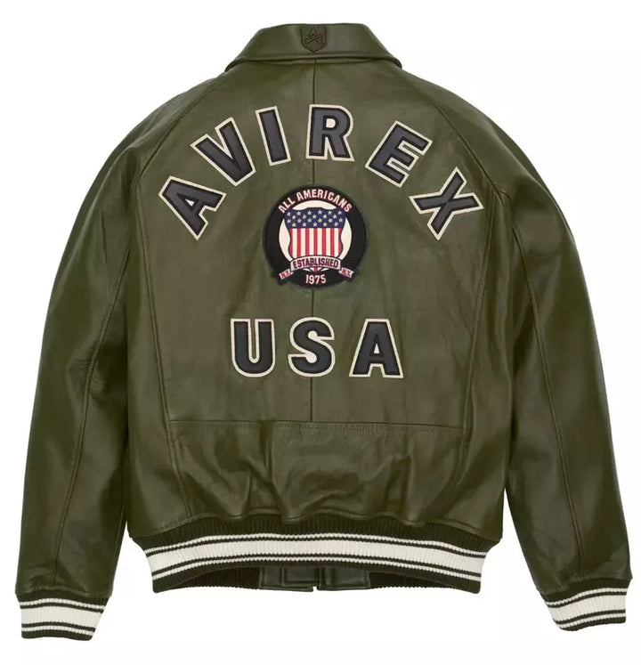 Green Avirex jacket with 'Avirex USA' text and logo on a white background