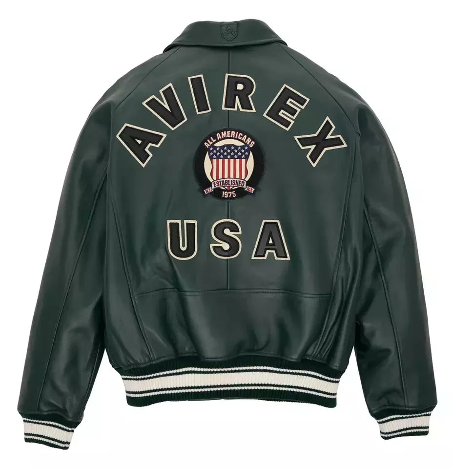 Green leather jacket with 'Avirex USA' branding on a white background