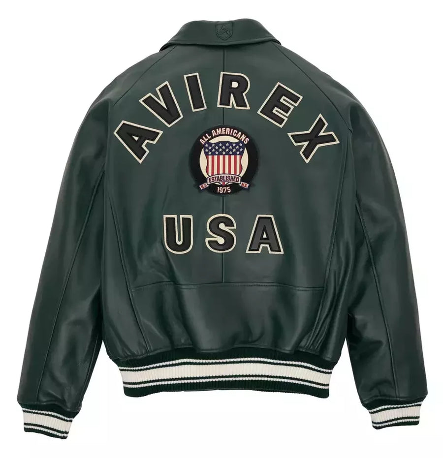 Green leather jacket with 'Avirex USA' branding on a white background