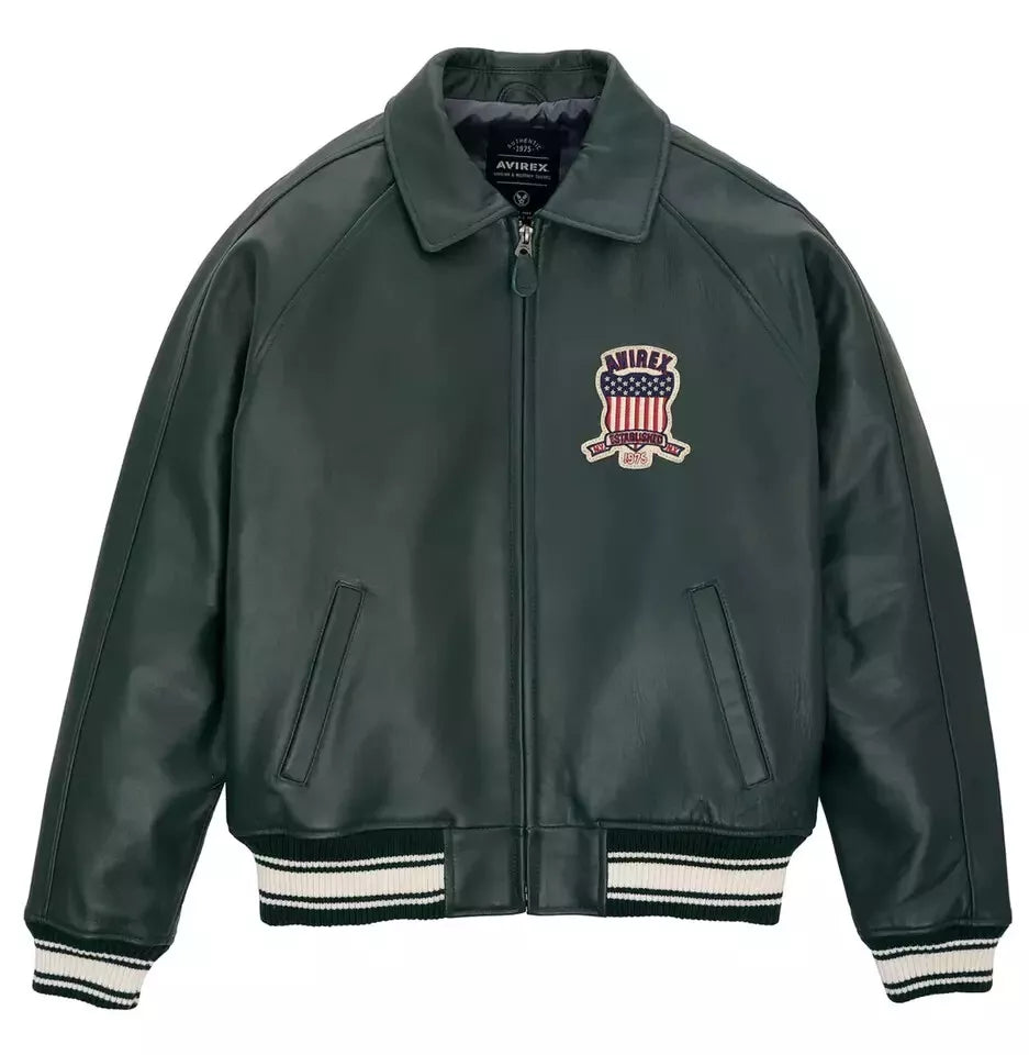 Green leather jacket with a logo on a white background