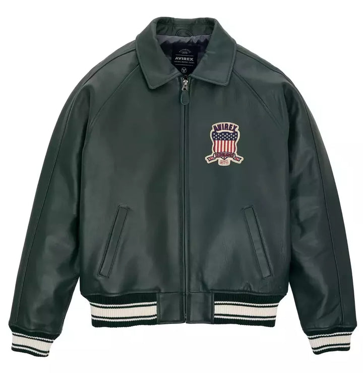 Green leather jacket with a logo on a white background