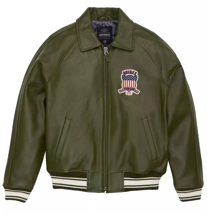 Green leather jacket with a logo on a white background