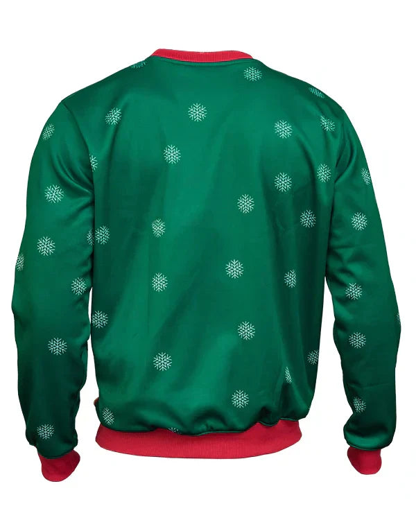 Guardians of the Galaxy Holiday Special Drax Christmas Sweater with white snowflake pattern on a white background