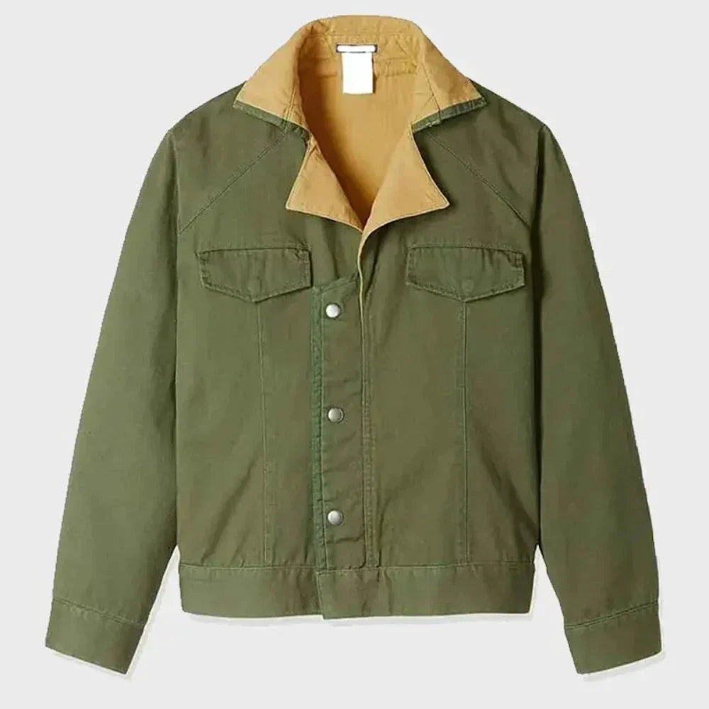 Green jacket with beige collar on a light gray background
