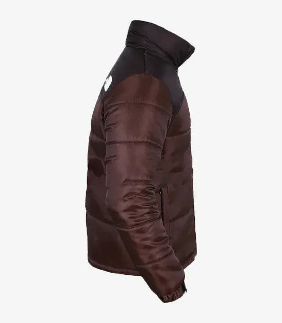 Brown puffer jacket with black collar on a white background