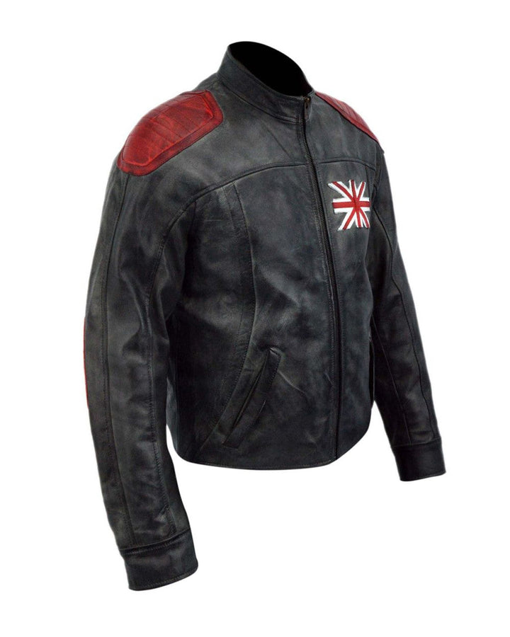 Black leather jacket with red shoulder patches and a Union Jack emblem on a white background
