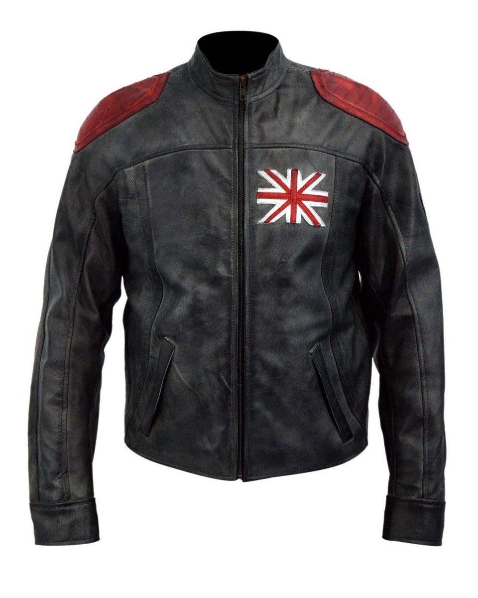Black leather jacket with red shoulder patches and a Union Jack emblem on a white background