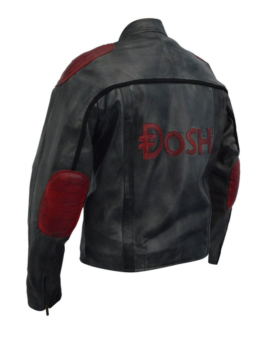 Black leather jacket with red elbow pads and 'Dosh' branding on a white background