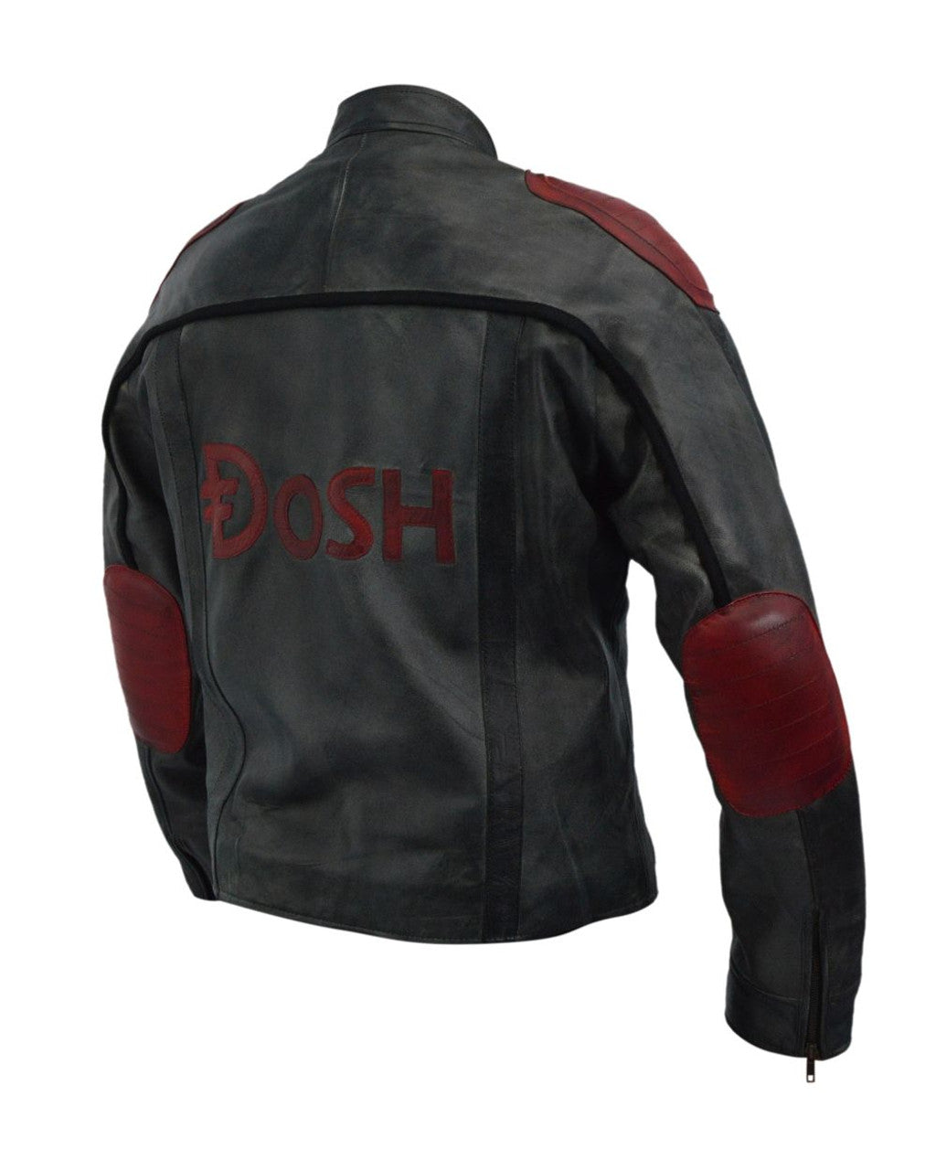 Black leather jacket with red accents and 'Dosh' branding on a white background