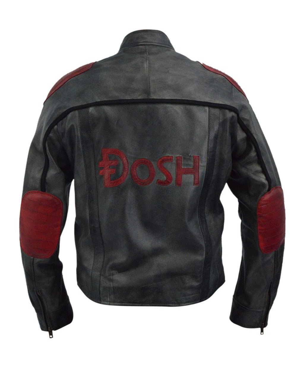 Black leather jacket with red accents and 'Dosh' branding on a white background