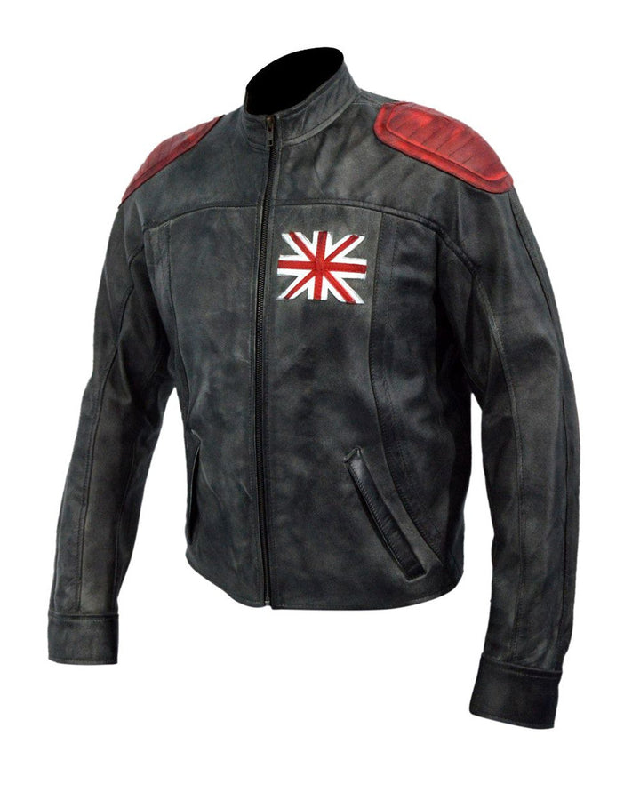 Black leather jacket with red shoulder patches and a Union Jack emblem on a white background
