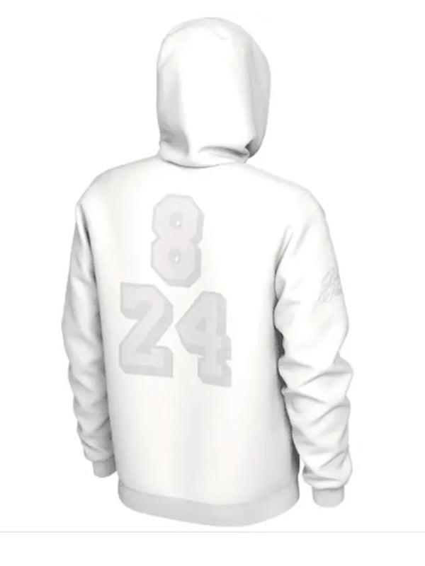 White Kobe Hoodie with numbers on the back against a white background