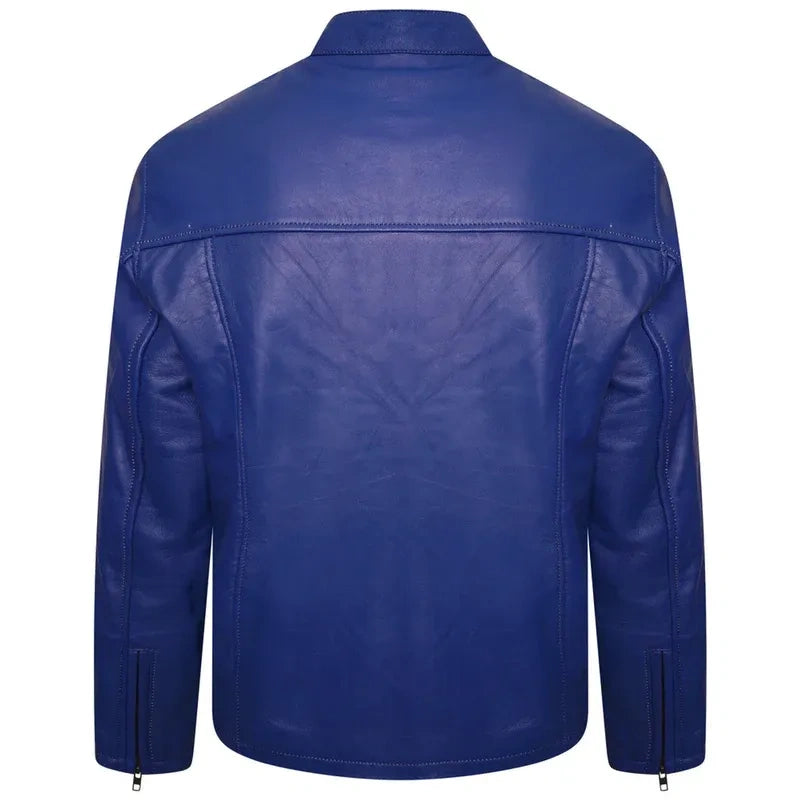 Blue leather jacket shown from the back on a white background