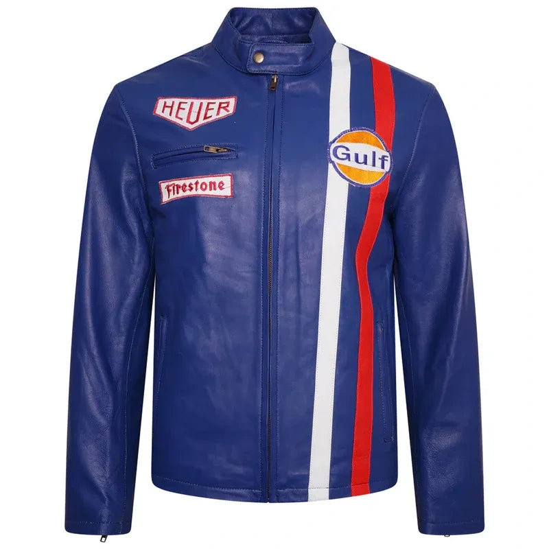 Blue leather jacket with racing sponsor logos on a white background