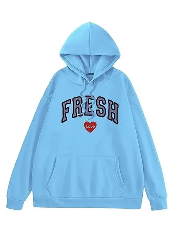 Light blue hoodie with 'FRESH' text and red heart on a white background