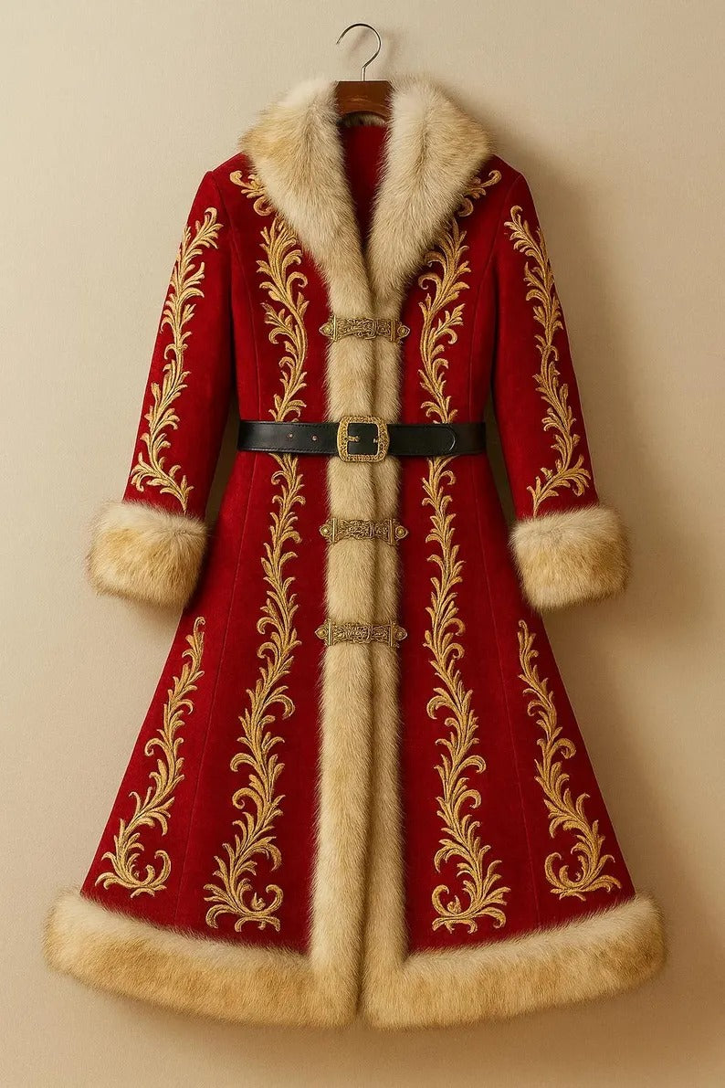 Red coat with gold embroidery and fur trim on a beige background