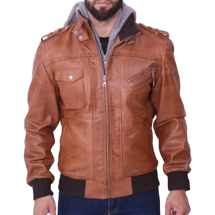 Men's Grey Removable Hood Brown Leather Jacket
