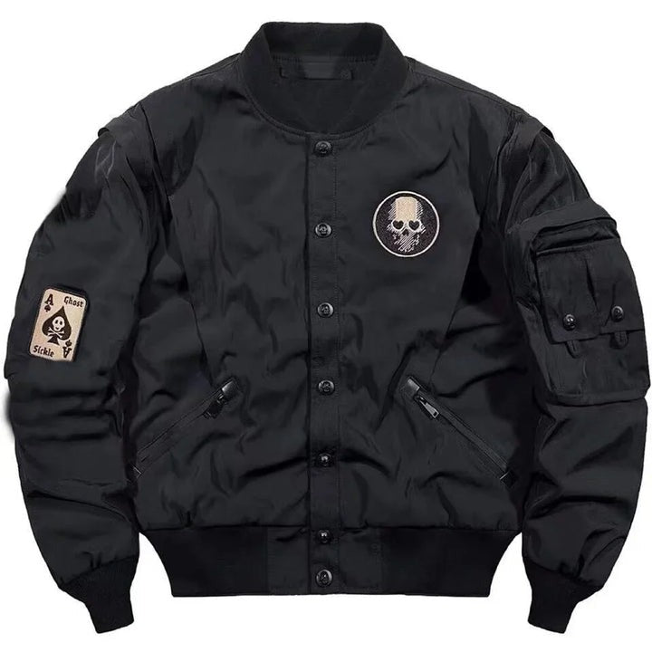 Black jacket with patches and buttons on a white background