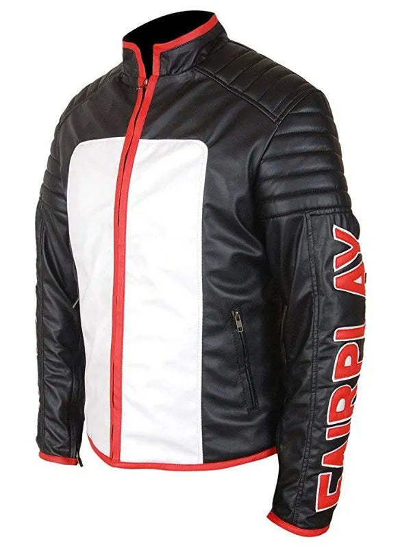 Black and white motorcycle jacket with red accents and 'Fairing' branding on sleeve