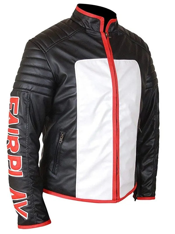 Black and white jacket with red accents and 'Fairplay' branding on sleeve, on a white background