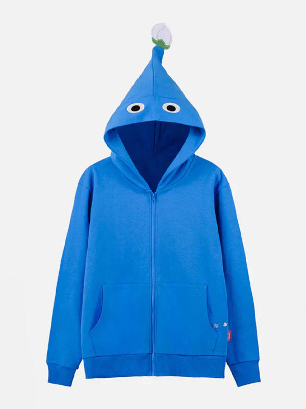 Blue hoodie with a hood design on a light gray background