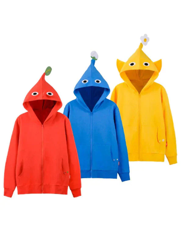 Three colorful hoodies in red, blue, and yellow on a white background