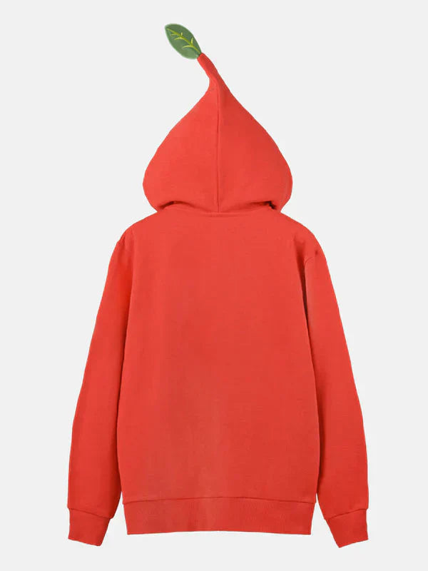 Red hoodie with a leaf design on the hood against a white background