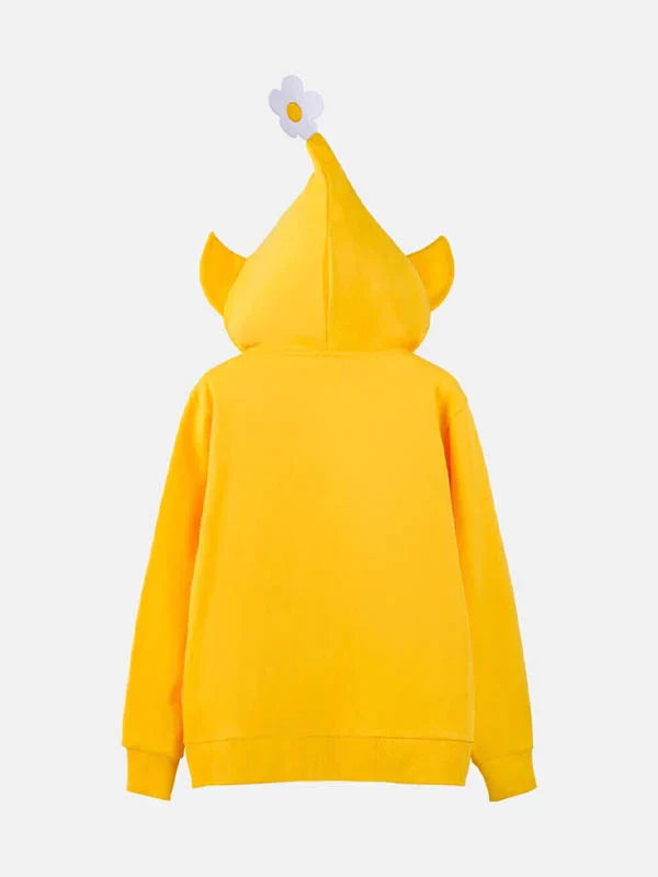 Yellow hoodie with cat ears and a flower on the hood against a white background