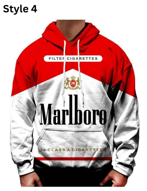 Red and white hoodie with Marlboro branding on a white background