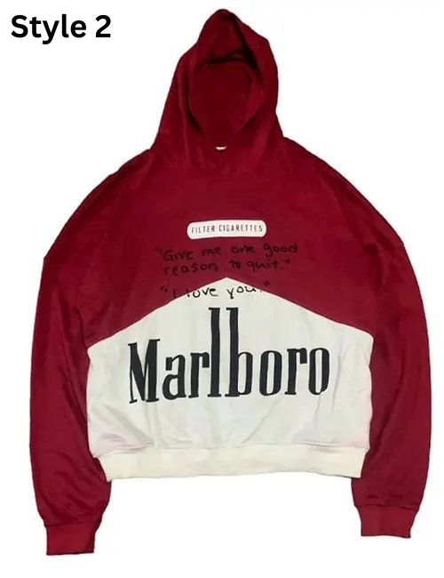 Red and white hoodie with Marlboro branding on a white background