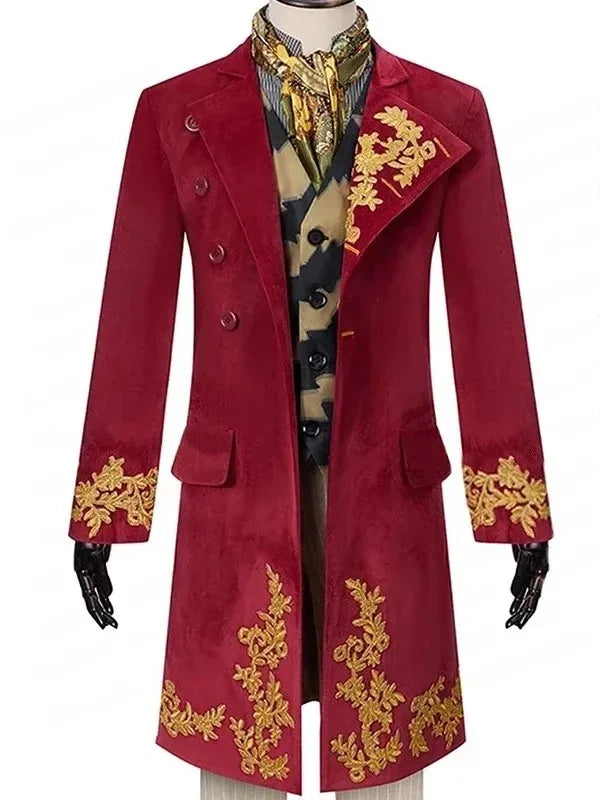 Red coat with gold embroidery on a mannequin against a white background