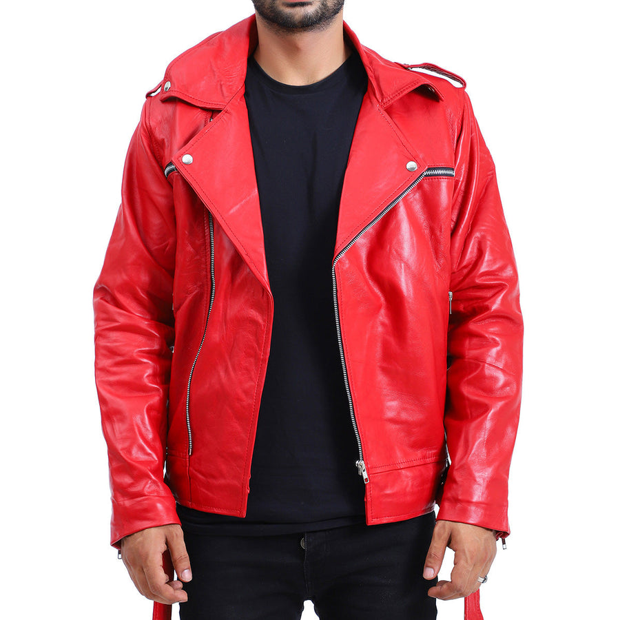 Red leather jacket worn by a person on a white background