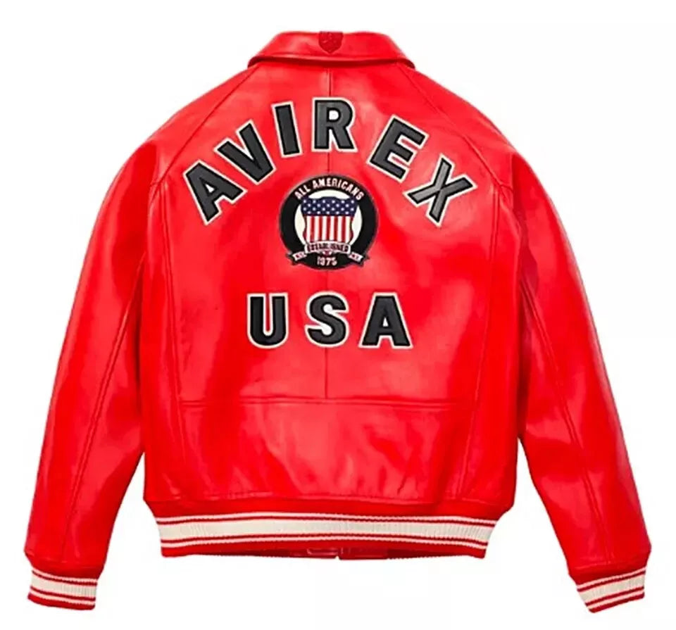 Red leather jacket with 'AVIREX USA' branding on a white background