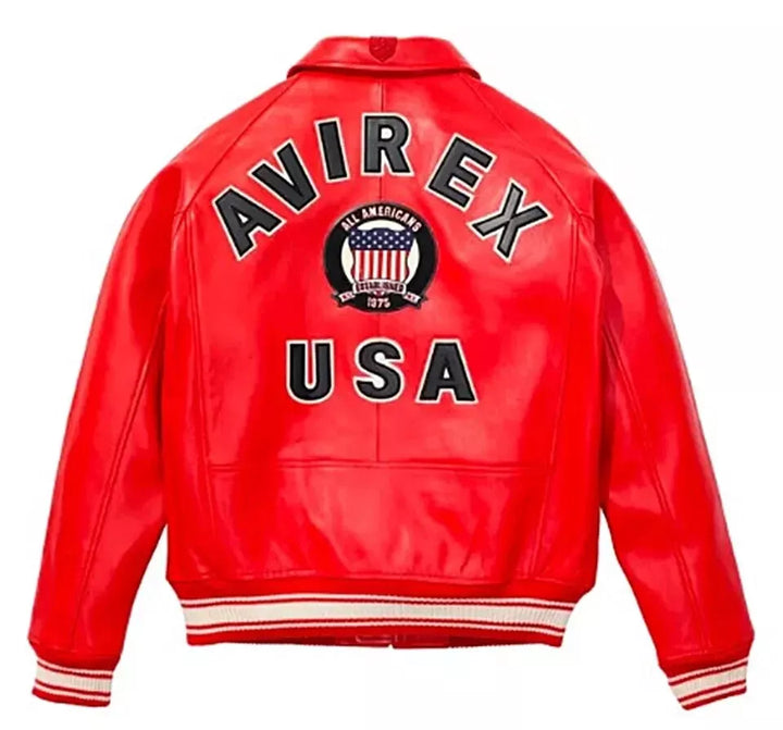 Red leather jacket with 'AVIREX USA' branding on a white background