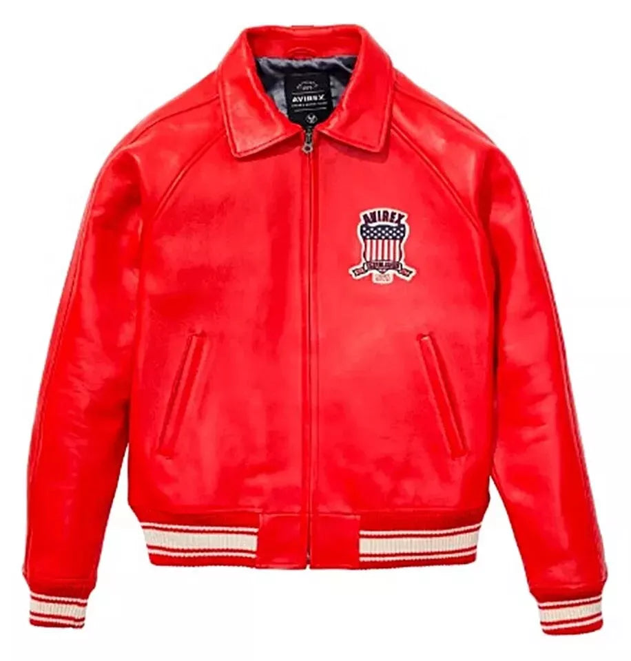 Red leather jacket with a brand logo on a white background
