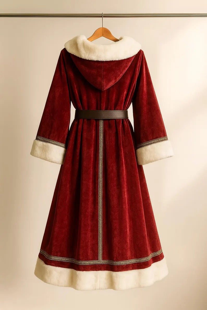 Red velvet dress with white trim on a hanger against a beige background