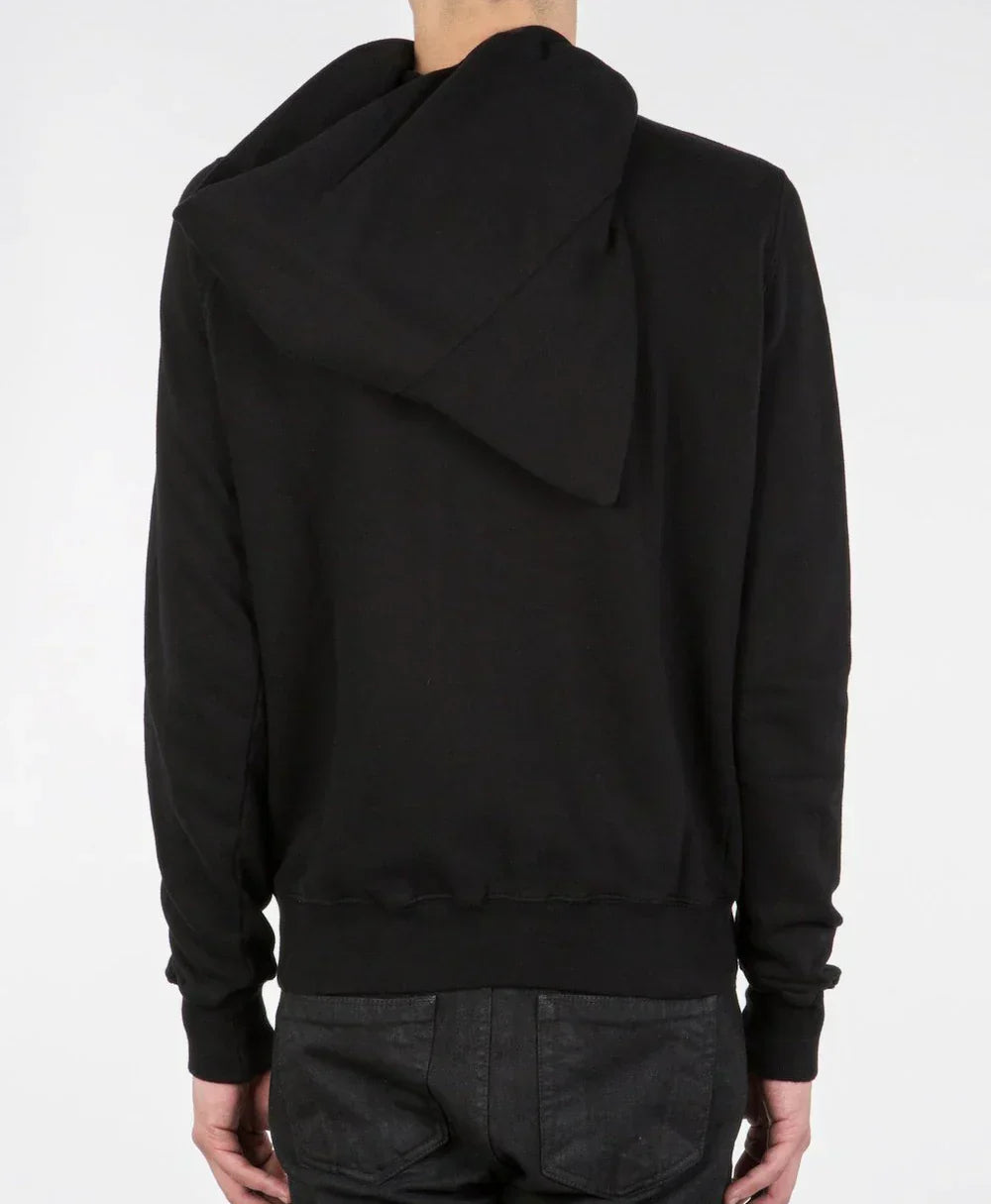 Black hoodie worn by a person on a white background