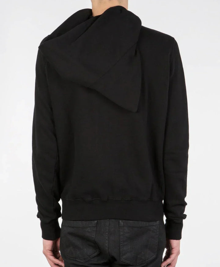 Black hoodie worn by a person on a white background