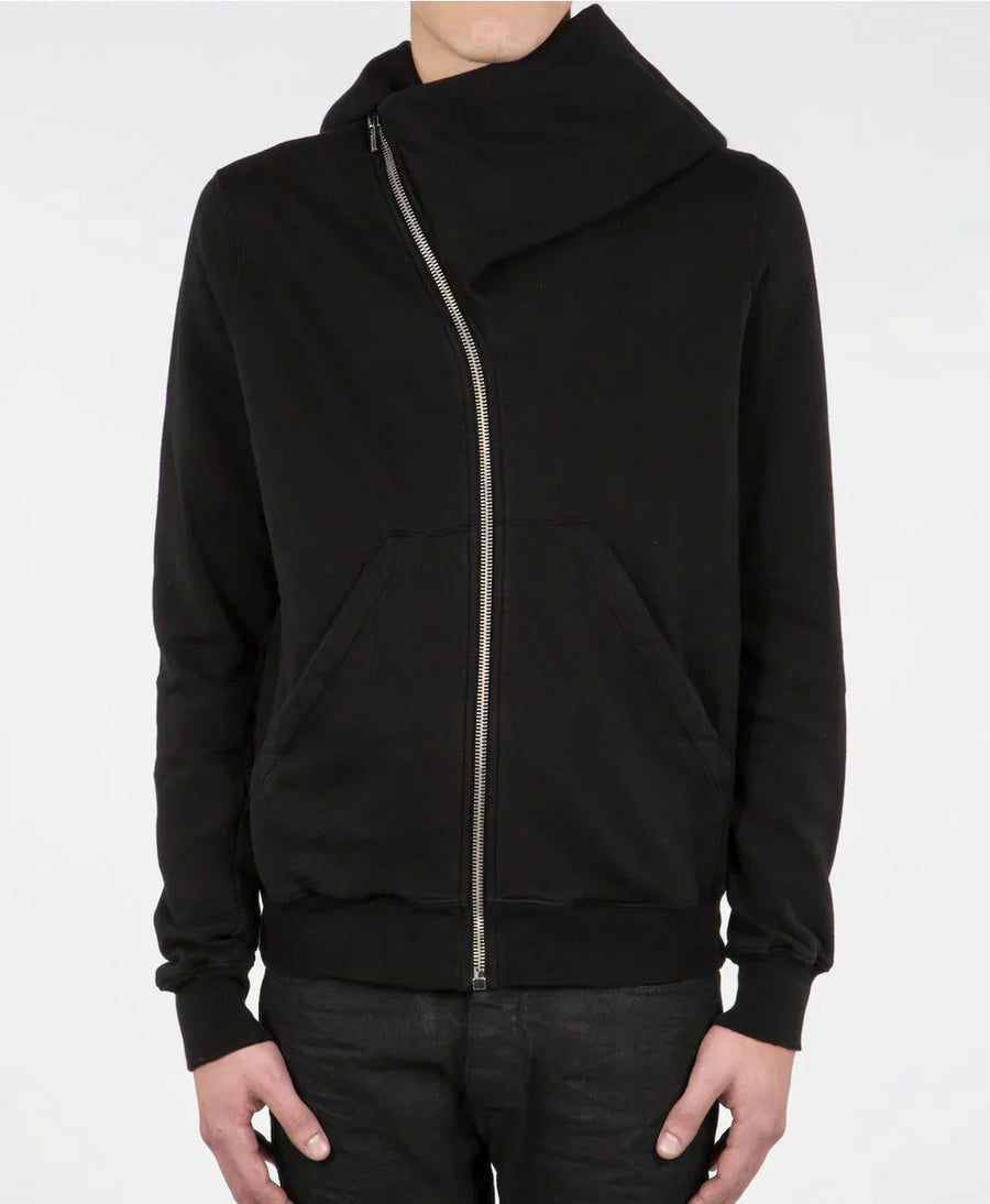 Black zip-up hoodie worn by a person on a white background
