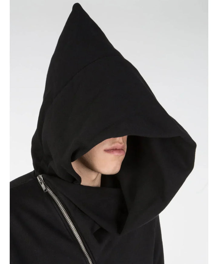 Black hooded garment with a zipper on a white background