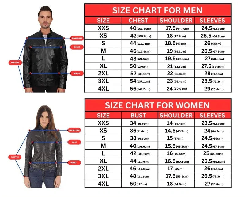 Size chart for men and women with measurements on a white background
